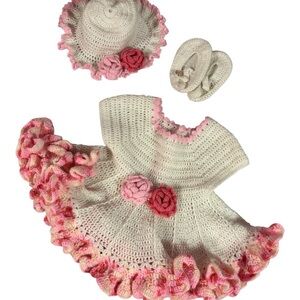 Handmade Pink and Cream Crochet Dress Set for Kids